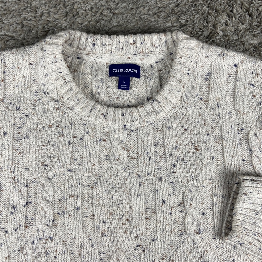 Club Room Cable Knit Sweater Mens L Cream Donegal Crewneck Pullover Cotton Blend
